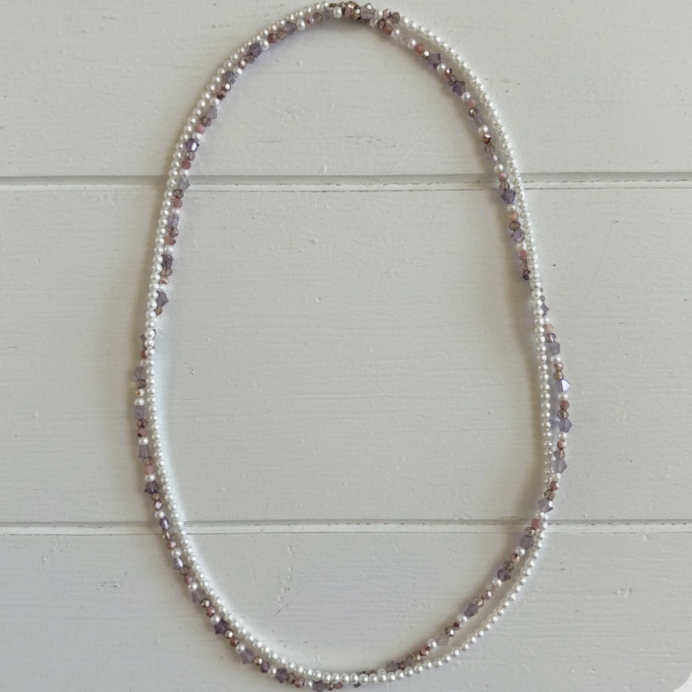 Dainty Double Strand Sunstone, Mother of Pearl, Amethyst Beaded Necklace